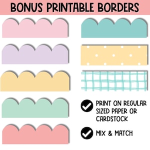 Puede incluir: Borduras festoneadas imprimibles en rosa, morado, amarillo y verde. Las borduras est&aacute;n dise&ntilde;adas para imprimirse en papel de tama&ntilde;o est&aacute;ndar o cartulina. El texto de la imagen dice "Bonus Printable Borders", "Print on regular sized paper or cardstock" y "Mix & Match".