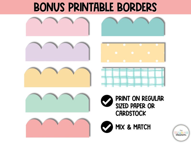 Puede incluir: Borduras festoneadas imprimibles en rosa, morado, amarillo y verde. Las borduras est&aacute;n dise&ntilde;adas para imprimirse en papel de tama&ntilde;o est&aacute;ndar o cartulina. El texto de la imagen dice "Bonus Printable Borders", "Print on regular sized paper or cardstock" y "Mix & Match".