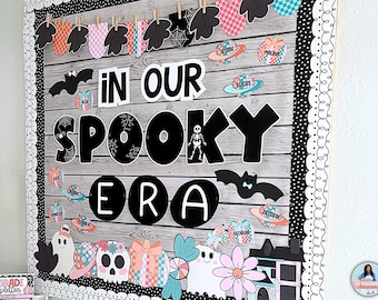 May include: A bulletin board decorated for Halloween with the words "In Our Spooky Era" in black letters. The board is decorated with black and white polka dots, black bats, and other Halloween-themed decorations.