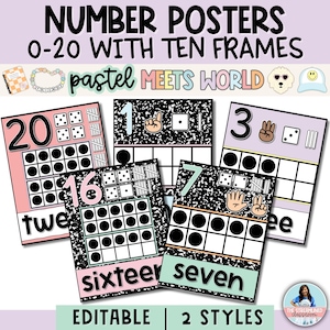 Composition Notebook Themed Number Posters for Classroom - Number Posters 0-20 with Ten Frames, Tally Marks, and Dice - Pastel Number Signs