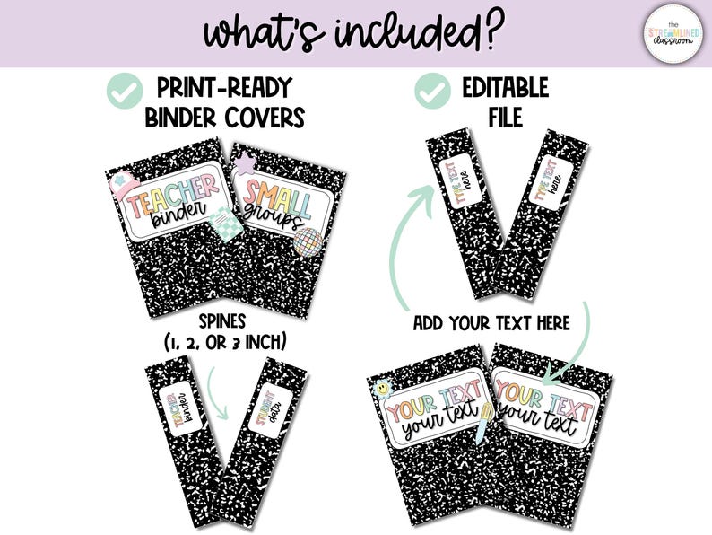 May include: Print-ready binder covers and editable files are shown. The binder covers have a black and white speckled pattern with labels that say "Teacher Binder" and "Small Groups." The spines are labeled with 1, 2, or 3 inches. The text "Add your text here" is also shown.