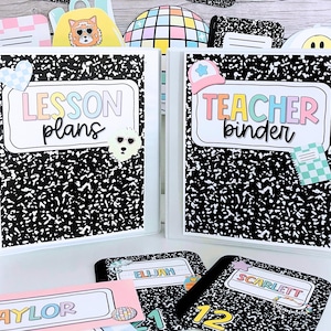 Composition Notebook Classroom Decor Mini Bundle - Pastel Classroom Theme - Editable - Printable Elementary Classroom Name Labels Organizing