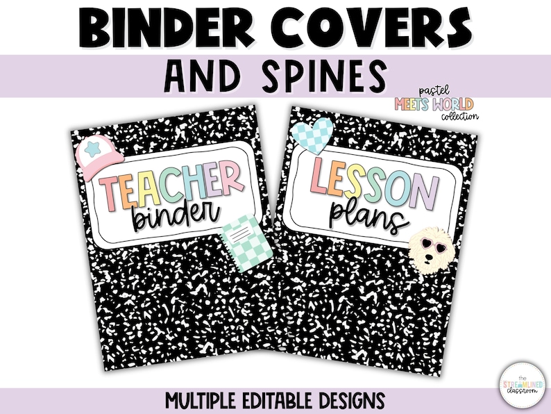 May include: Binder covers and spines with the text "BINDER COVERS AND SPINES". Two binders are shown, one labeled "TEACHER binder" and the other "LESSON plans". The binders have a black and white speckled pattern and decorative elements.