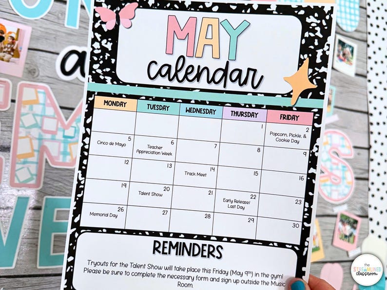 May include: A printable May calendar with a black and white notebook paper design. The calendar has a colorful title with the word "MAY" in large letters. The calendar includes dates and events such as Cinco de Mayo, Teacher Appreciation Week, Track Meet, Talent Show, Early Release Last Day, Memorial Day, and Popcorn, Pickle & Cookie Day. The calendar also includes a reminder for talent show tryouts.