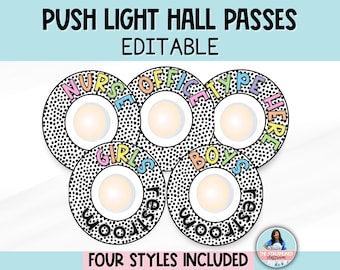 Push Light Classroom Hall Pass System - Editable School Pass Signs - Hall Passes for Push, Puck, Tap Lights Elementary Classroom Management