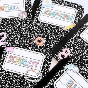 Locker Tags or Cubby Tags - Editable Classroom Name Labels for Students - Pastel Classroom Decor - Composition Notebook Trendy 90s Theme