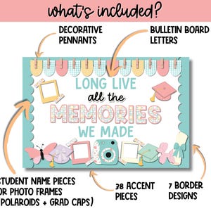 Puede incluir: Un conjunto de tablero de anuncios azul y blanco con el texto "Long Live all the Memories We Made". El conjunto incluye banderines, letras, marcos de fotos y gorras de graduaci&oacute;n.