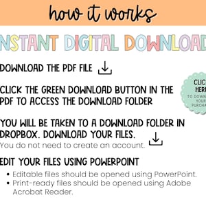 Puede incluir: Una lista de verificaci&oacute;n con cuatro marcas de verificaci&oacute;n verdes e instrucciones sobre c&oacute;mo descargar y editar archivos digitales. El texto dice "INSTANT DIGITAL DOWNLOAD" y "DOWNLOAD THE PDF FILE". El texto tambi&eacute;n dice "CLICK THE GREEN DOWNLOAD BUTTON IN THE PDF TO ACCESS THE DOWNLOAD FOLDER". El texto tambi&eacute;n dice "YOU WILL BE TAKEN TO A DOWNLOAD FOLDER IN DROPBOX. DOWNLOAD YOUR FILES. You do not need to create an account.". El texto tambi&eacute;n dice "EDIT YOUR FILES USING POWERPOINT" y "Editable files should be opened using PowerPoint. Print-ready files should be opened using Adobe Acrobat Reader."