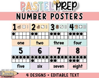 Number Posters 0-20 for Classroom - Printable Pastel Number Signs with Ten Frames, Tally Marks, and Dice - Classroom Decor Editable Text