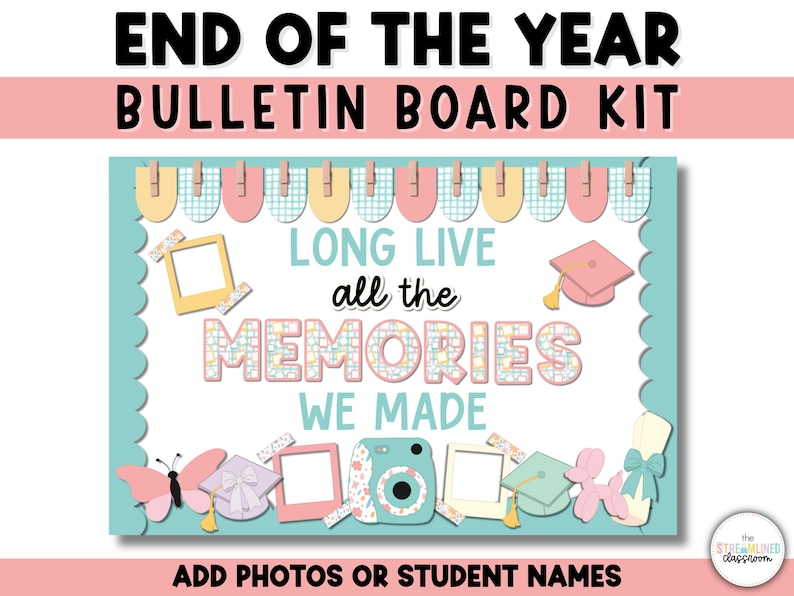 Puede incluir: Un kit de tablero de anuncios azul verdoso y blanco con el texto "End of the Year Bulletin Board Kit" y "Long Live all the Memories We Made". El kit incluye una variedad de elementos decorativos, como un gorro de graduaci&oacute;n, una mariposa y una c&aacute;mara.