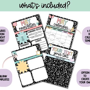 May include: A printable May newsletter and calendar template set with a black and white notebook paper design. The newsletter template includes sections for learning focus, reminders, and events. The calendar template has a 5 or 7 day option. The text "MAY newsletter" and "MAY calendar" is in pink, blue, and yellow. The text "YOUR TEXT your text" is in white.