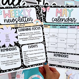 May include: A black and white printable weekly newsletter and calendar for May. The newsletter includes a learning focus, events, and reminders. The calendar shows the dates for the month of May and includes events such as Teacher Appreciation Week, Track Meet, Talent Show, and Early Release Day.