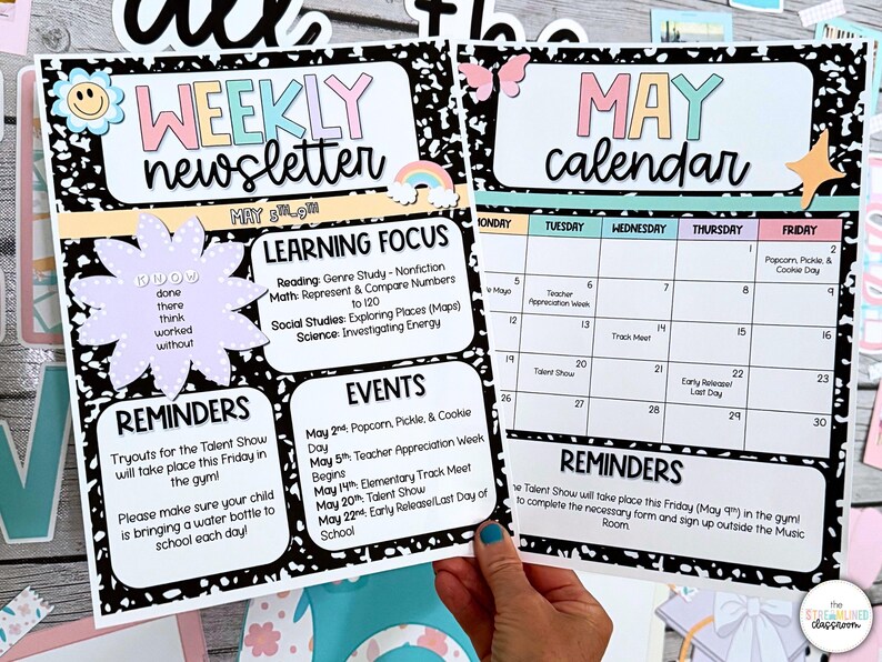 May include: A black and white printable weekly newsletter and calendar for May. The newsletter includes a learning focus, events, and reminders. The calendar shows the dates for the month of May and includes events such as Teacher Appreciation Week, Track Meet, Talent Show, and Early Release Day.