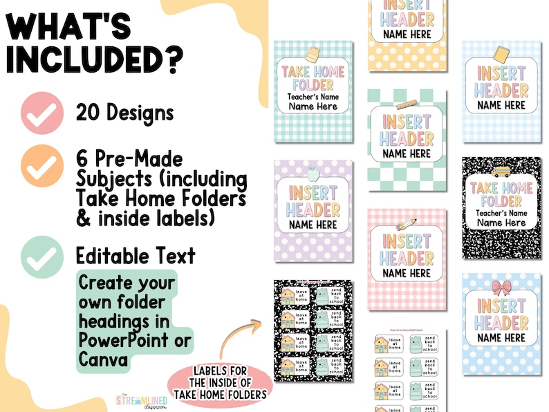 May include: A collection of colorful folder designs with the text "TAKE HOME FOLDER" and "INSERT HEADER NAME HERE". The image also includes labels and the text "WHAT'S INCLUDED?" with details about the designs.