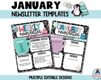 January Newsletter Templates - Weekly or Monthly Editable Classroom Winter-Themed Templates for Teachers - Printable January Calendars