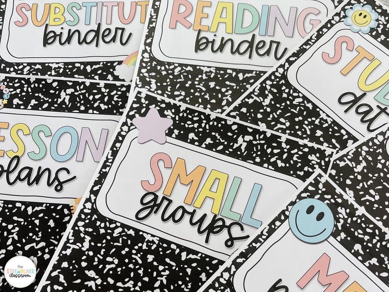 May include: Notebook paper-themed binder labels with colorful text. Labels include "Substitute Binder," "Reading Binder," "Lesson Plans," and "Small Groups." Decorative stickers include a rainbow, star, and smiley face.