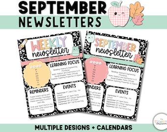 September Newsletter Templates - Weekly or Monthly Editable Classroom Templates for Teachers - September Calendars Fall Composition Notebook
