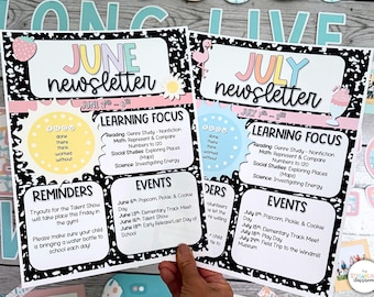 June and July Newsletter Templates - Weekly or Monthly Editable Classroom Summer-Themed Templates for Teachers - Printable Calendars Pastel