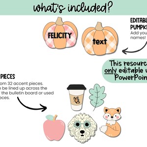 May include: Editable mini pumpkins with a gingham pattern in orange and pink. The pumpkins have the text "FELICITY" and "text" on them. The image also includes accent pieces such as a coffee cup, leaf, apple, dog, and fox. This resource is only editable using PowerPoint.