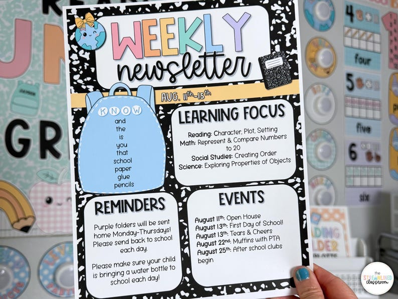 May include: A colorful weekly newsletter with the title "WEEKLY newsletter" and the dates "Aug. 11th-15th". The newsletter includes sections for learning focus, reminders, and events. A light blue backpack graphic is on the left side.