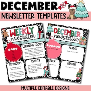 December Newsletter Template - Weekly or Monthly Editable Classroom Templates for Teachers or School - December Calendar - Christmas/Holiday