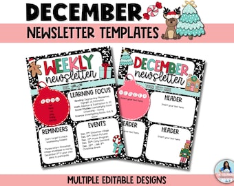 December Newsletter Template - Weekly or Monthly Editable Classroom Templates for Teachers or School - December Calendar - Christmas/Holiday