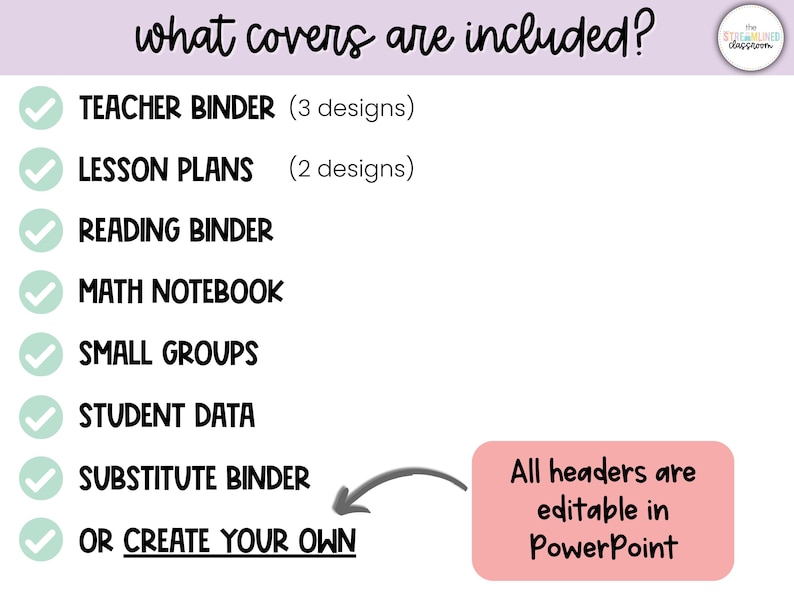 May include: White background with text: "what covers are included?" and a list of binder types, including Teacher Binder, Lesson Plans, Reading Binder, Math Notebook, Small Groups, Student Data, Substitute Binder, and "Or Create Your Own". Text in a pink box says "All headers are editable in PowerPoint."