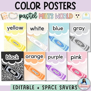 Cartazes de palavras coloridas para sala de aula - Cartazes editáveis para impressão - Giz de cera - Tema de sala de aula em cores pastel - Exibição de sala de aula pré-escolar