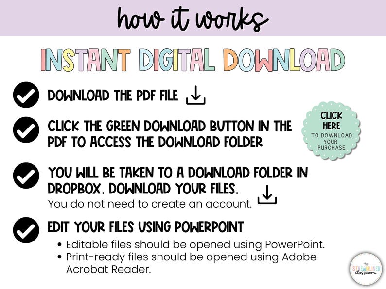 May include: A digital download guide titled "how it works" with instructions for downloading a PDF file, accessing a download folder, and editing files using PowerPoint. The text is in a playful font with pastel colors.