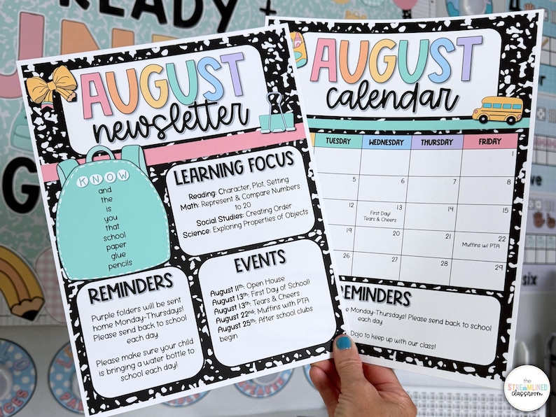 May include: Two-page August newsletter and calendar. The newsletter features a teal backpack graphic and the text "August Newsletter" in pastel colors. The calendar has a yellow school bus graphic and the text "August Calendar".