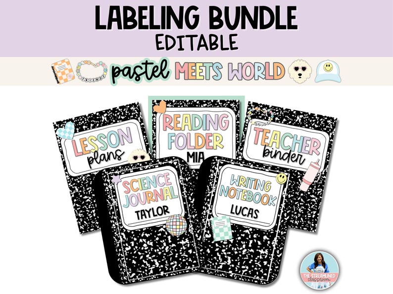 Composition Notebook Labeling Bundle - Teacher Binder Covers - Half Sheet Subject Labels for Notebooks or Journals - Student Folder Labels image 1