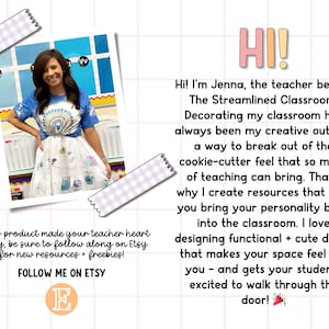 May include: Image features a woman in a blue tie-dye shirt and a white skirt with illustrations. Text includes "Hi!" and "The Streamlined Classroom." Additional text encourages following on Etsy for resources.