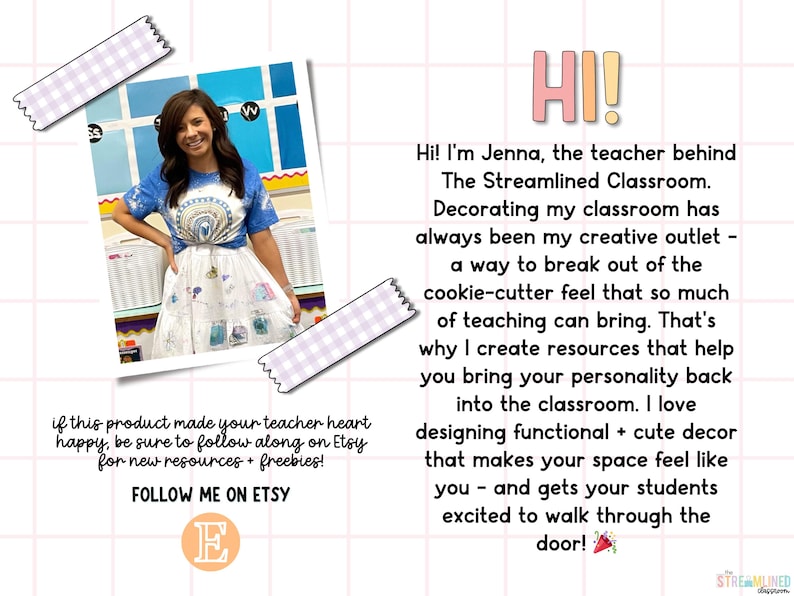May include: Image features a woman in a blue tie-dye shirt and a white skirt with illustrations. Text includes "Hi!" and "The Streamlined Classroom." Additional text encourages following on Etsy for resources.