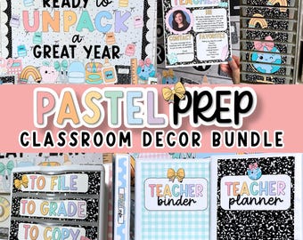Classroom Decor Bundle | Pastel Prep | Printable Elementary Composition Notebook Preppy Classroom Theme for Back to School | Edit Text Canva