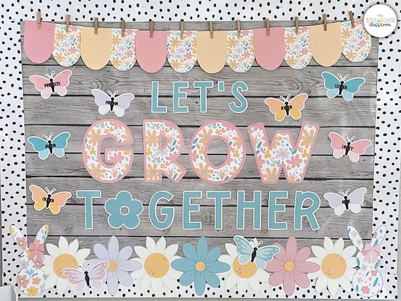 Spring Bulletin Board - Trendy Spring Easter Classroom Decor - April or May Classroom Door - Floral Pattern Pastel - Flowers Butterflies