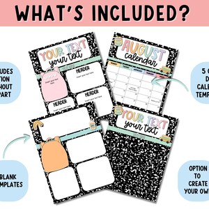May include: A collection of printable templates with a school theme. The templates include options for calendars, headers, and customizable text areas. The design features a black and white speckled background with colorful accents and school-related clip art.