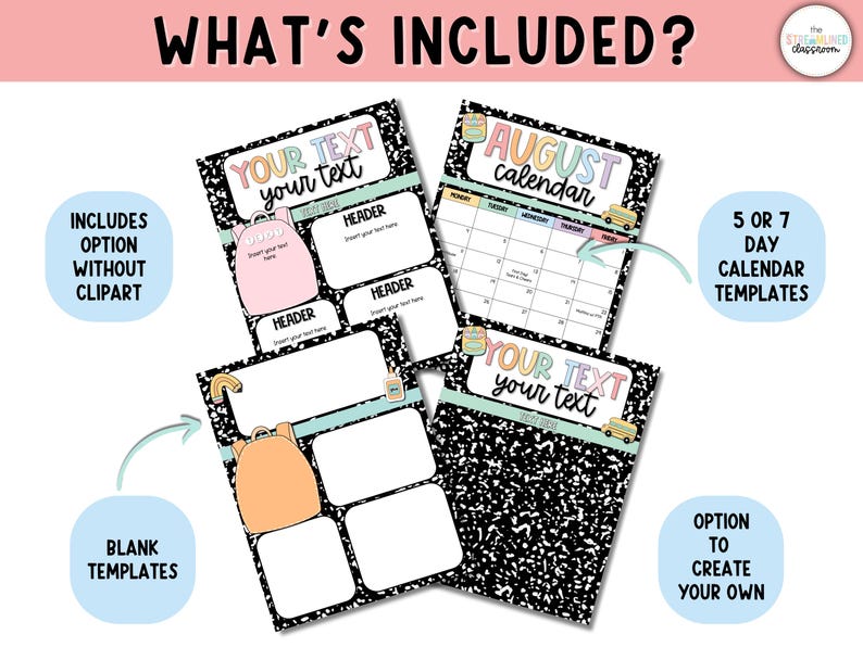 May include: A collection of printable templates with a school theme. The templates include options for calendars, headers, and customizable text areas. The design features a black and white speckled background with colorful accents and school-related clip art.