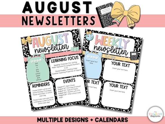 August Newsletter Templates - Weekly Monthly Editable Classroom Back-to-School Templates for Teachers - August Calendars Pastel Composition