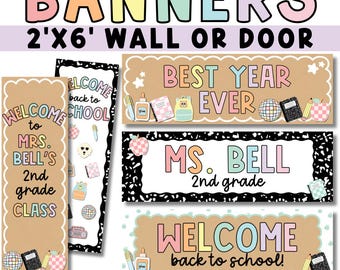 Printable Classroom Banners | 2x6 Door Banners | Editable Canva Templates | Welcome Back to School Pastel Composition Notebook Decor