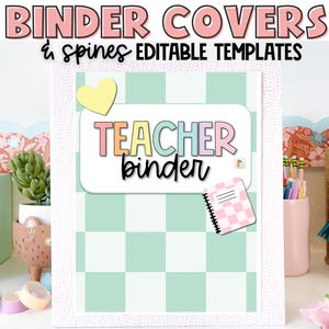 Puede incluir: Una plantilla de portada de carpeta imprimible con un fondo a cuadros verde pastel y blanco. El texto "TEACHER binder" está en colores arcoíris. Un corazón y un pequeño cuaderno también están en la portada.
