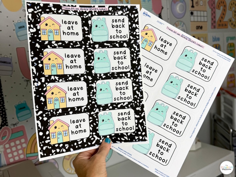 May include: Two sheets of Avery labels with school-themed designs. One sheet features labels with a house and the words "leave at home," and a backpack with "send back to school." The other sheet has the same design.