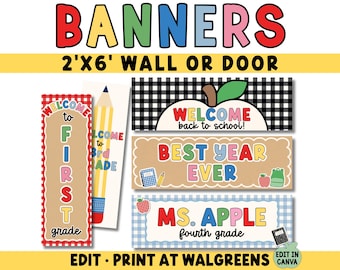 Printable Classroom Banners | 2x6 Door Banners | Editable Canva Templates | Welcome Back to School Gingham Theme Class Decor Primary Colors