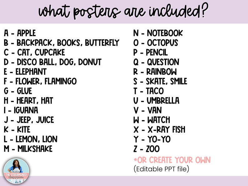 Peut inclure: Un tableau color&eacute; listant les lettres de l'alphabet avec des mots correspondants, tels que pomme, sac &agrave; dos, livres, papillon, chat, cupcake, boule &agrave; facettes, chien, beignet, &eacute;l&eacute;phant, fleur, flamant rose, colle, c&oelig;ur, chapeau, iguane, jeep, jus, cerf-volant, citron, lion, milk-shake, carnet, pieuvre, crayon, question, arc-en-ciel, patins &agrave; roulettes, sourire, taco, parapluie, camionnette, montre, poisson aux rayons X, yo-yo et zoo. Le tableau comprend &eacute;galement le texte "*OU CR&Eacute;EZ LE V&Ocirc;TRE (Fichier PPT modifiable)".
