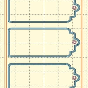 May include: A sheet of three decorative labels with a light yellow background and a grid pattern. Each label has a teal border and a scalloped edge with a small pink floral accent. The labels are rectangular with rounded corners.