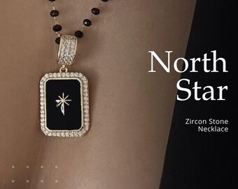 North Star Zircon Necklace - Zirconia necklace - Black Crystal Bead Detailed Chain