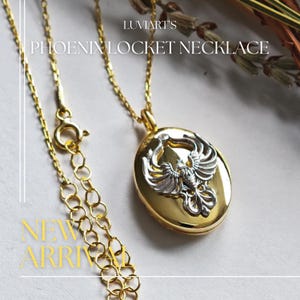 Sterling Silver Phoenix Locket Necklace: Gold Plated Photo Medallion