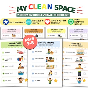 以下が含まれることがあります： MY CLEAN SPACEというタイトルの視覚的な掃除チェックリストで、3歳から8歳向けの7つの部屋別チャートが含まれています。印刷可能なPDFには、寝室、リビングルーム、キッチン、バスルーム、ランドリールームのタスクを示すカラフルなアイコンとイラストが記載されています。