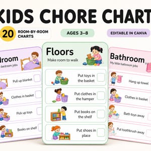 Könnte beinhalten: Drei rechteckige Aufgabenpläne für Kinder mit den Titeln Bedroom, Floors und Bathroom. Jeder Plan enthält farbenfrohe Illustrationen von Kindern, die Aufgaben wie das Aufräumen von Spielzeug, das Glätten von Decken und das Aufhängen von Handtüchern erledigen, inklusive Kontrollkästchen.