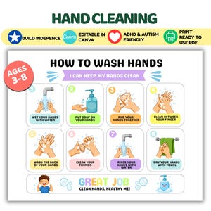 May include: A hand washing instructional poster titled HOW TO WASH HANDS with eight numbered steps featuring illustrations of hand hygiene. The chart includes text such as WET YOUR HANDS WITH WATER, PUT SOAP ON YOUR HANDS, and GREAT JOB CLEAN HANDS, HEALTHY ME, with a red circle stating AGES 3-8.