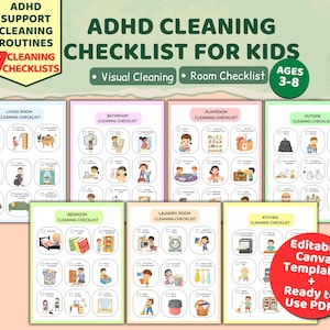 Könnte beinhalten: ADHS-Reinigungs-Checkliste für Kinder im Alter von 3-8 Jahren. Enthält visuelle Reinigungs- und Raumchecklisten. Das Bild zeigt sieben Checklisten für verschiedene Räume, darunter Wohnzimmer, Bad und Küche. Die Checklisten sind bearbeitbar und als PDF verfügbar.